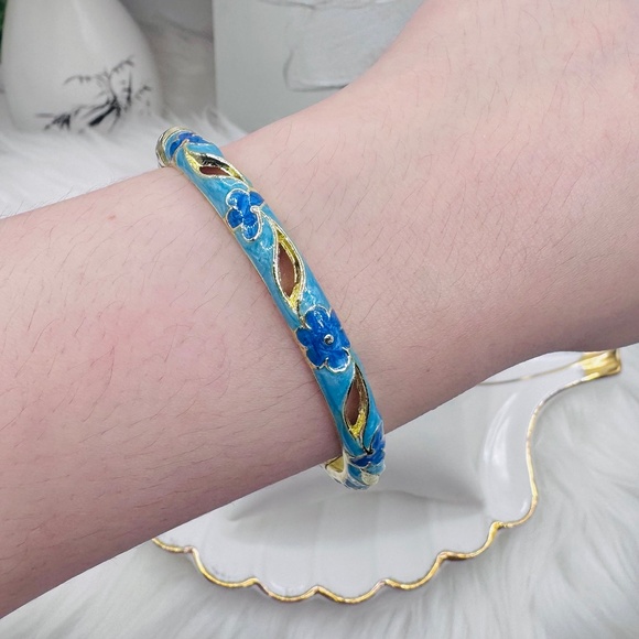 Blue Flower Enamel Cloisonne Bracelet Bangle Style B - Picture 1 of 7